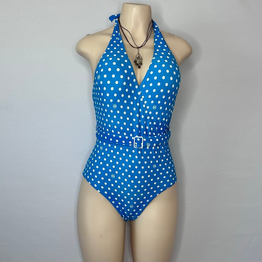 Michael Kors Blue Polka Dot Halter One Piece Swimsuit Belted Size 12